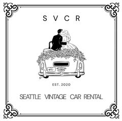 Logo: Seattle Vintage Car Company. Antique car illustration, cream/blue color scheme. 