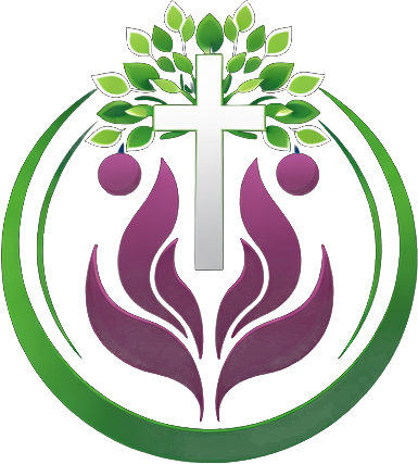 A logo featuring a central white cross, topped by a green leafy tree, flanked by purple shapes within a green circle.