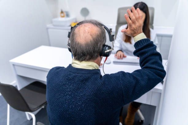 An elderly man doing a hearing exam using headphones and a computer in a clinic