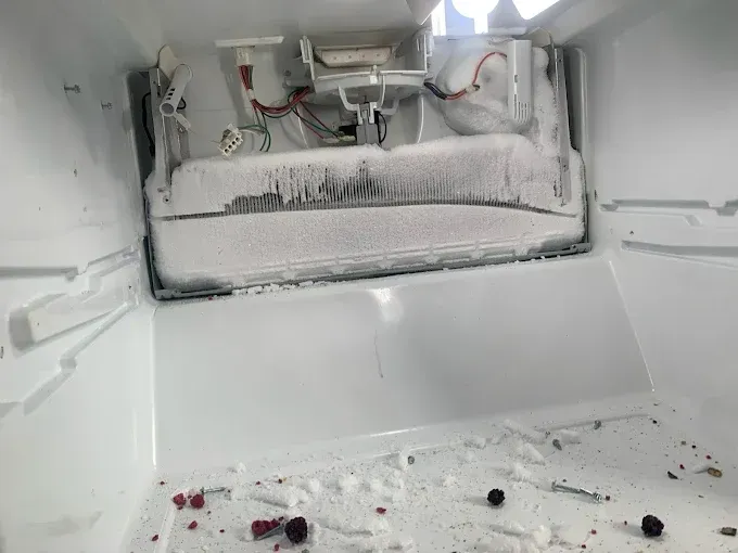 Refrigerator freezer compartment heavily frosted with ice.
