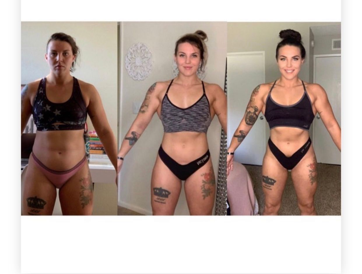 Three pictures of a woman before and after losing weight
