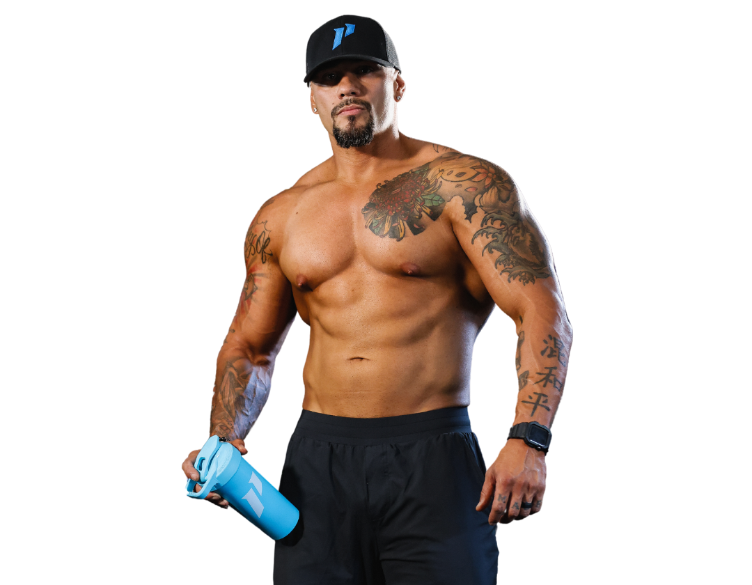 A shirtless man with tattoos is holding a blue shaker.