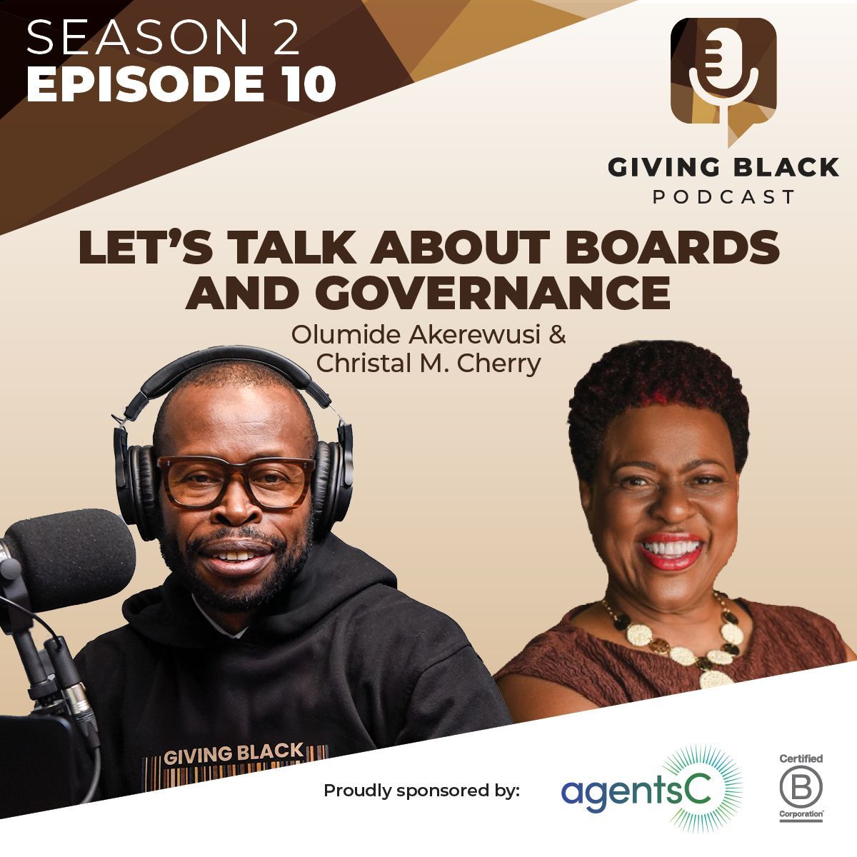 Podcast cover art: Two people, one with headphones, and text about boards and governance.