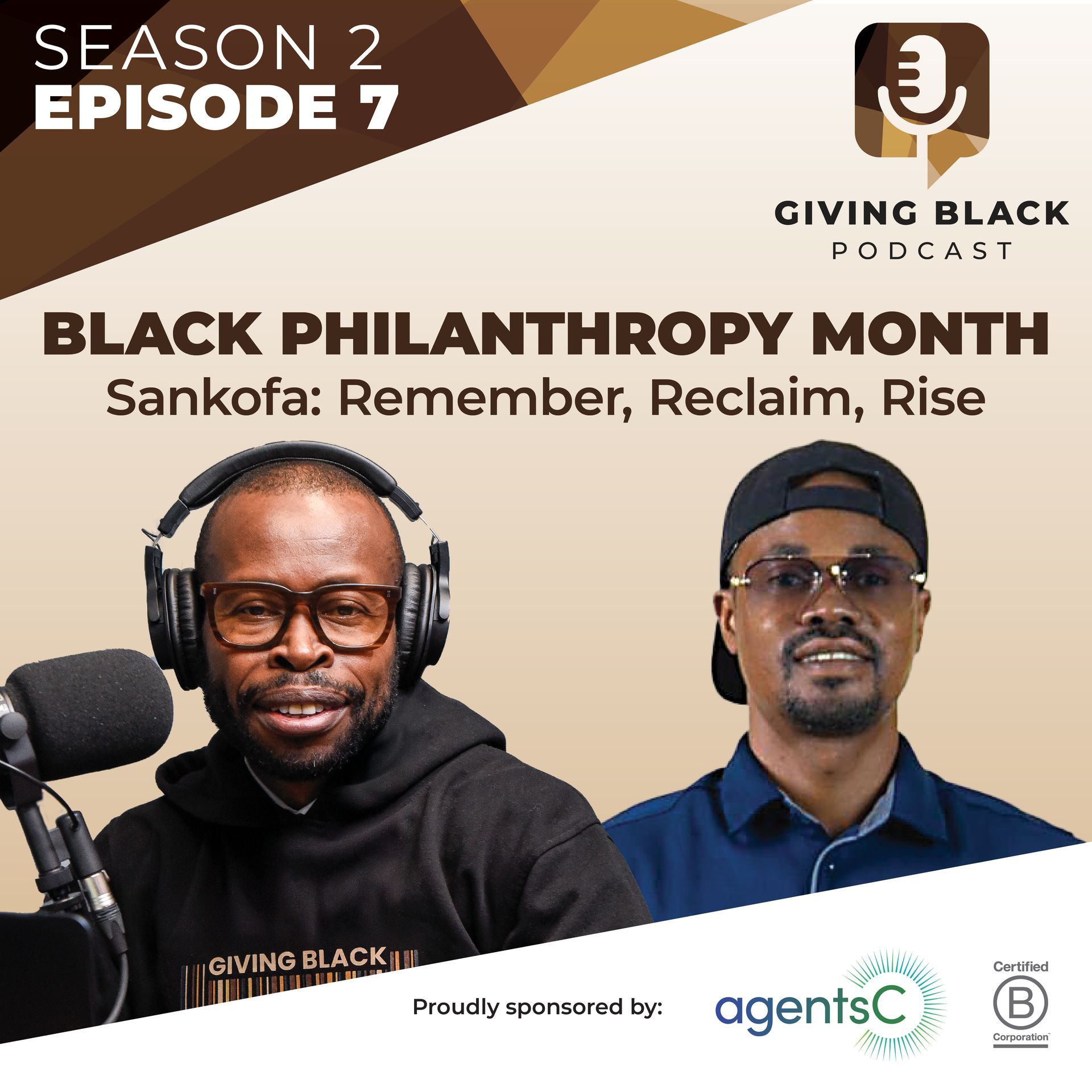 Podcast cover: Two Black men, one with headphones, discussing Black philanthropy during Black Philanthropy Month.