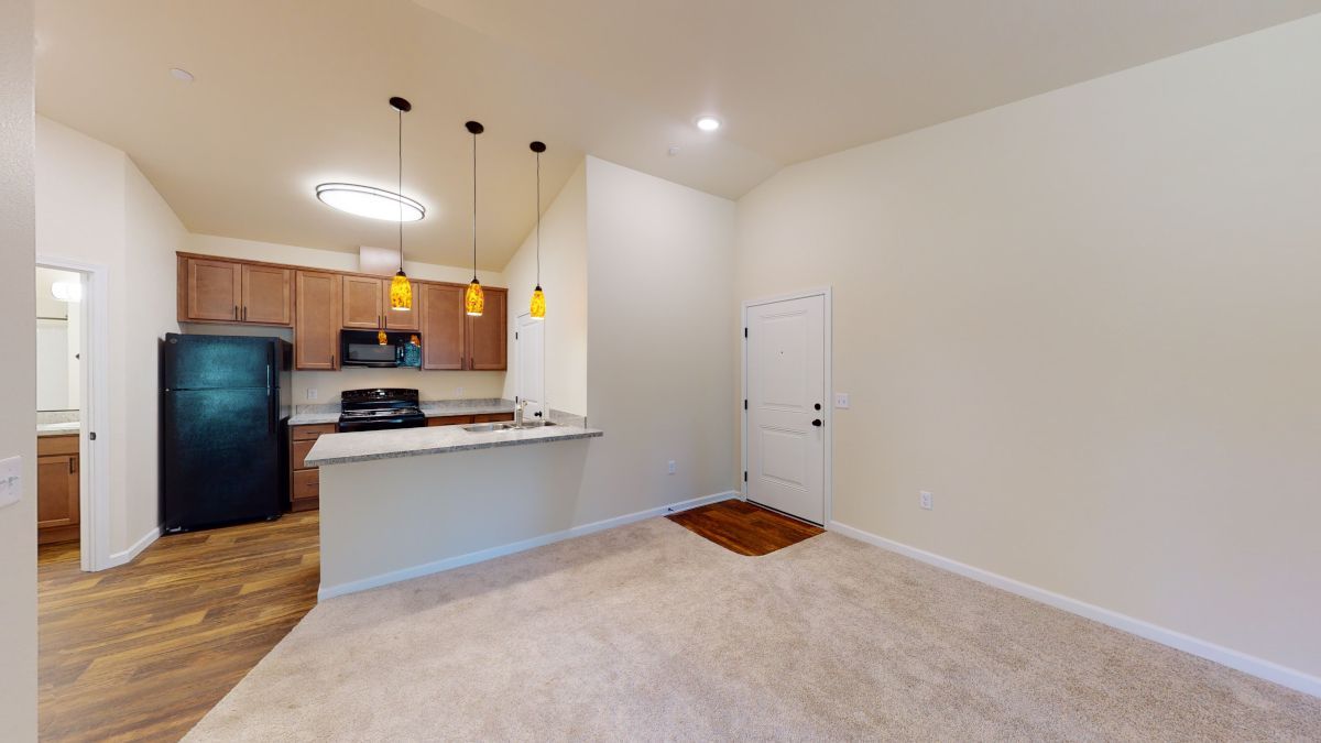 A living room with a kitchen and a refrigerator in it.