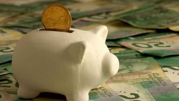 A piggy bank with a coin in it is sitting on top of a pile of money.