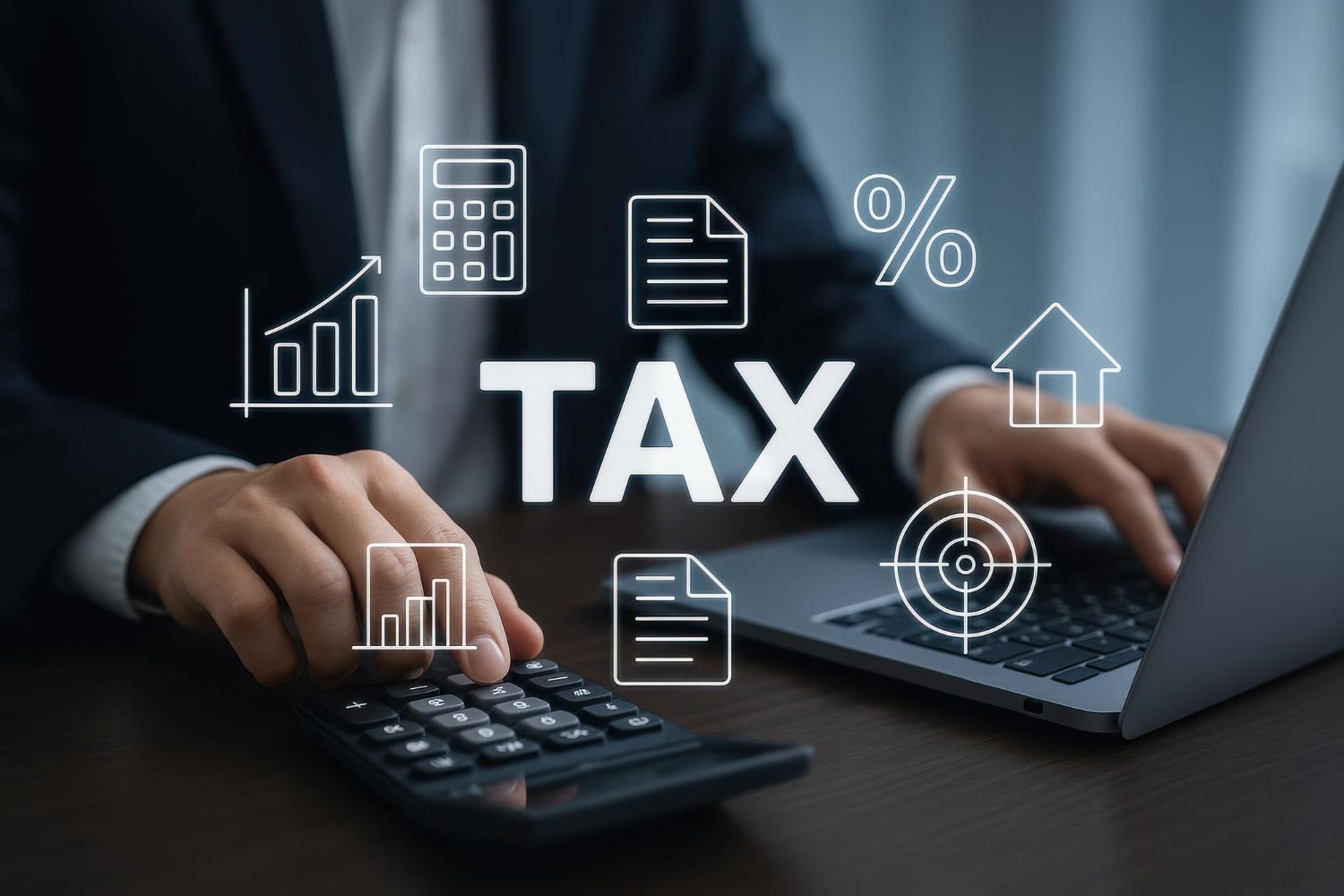 Person using a calculator and laptop, with tax-related icons overlaid.