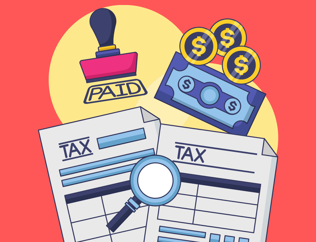 A cartoon illustration of a tax form , a stamp , money , and a magnifying glass.