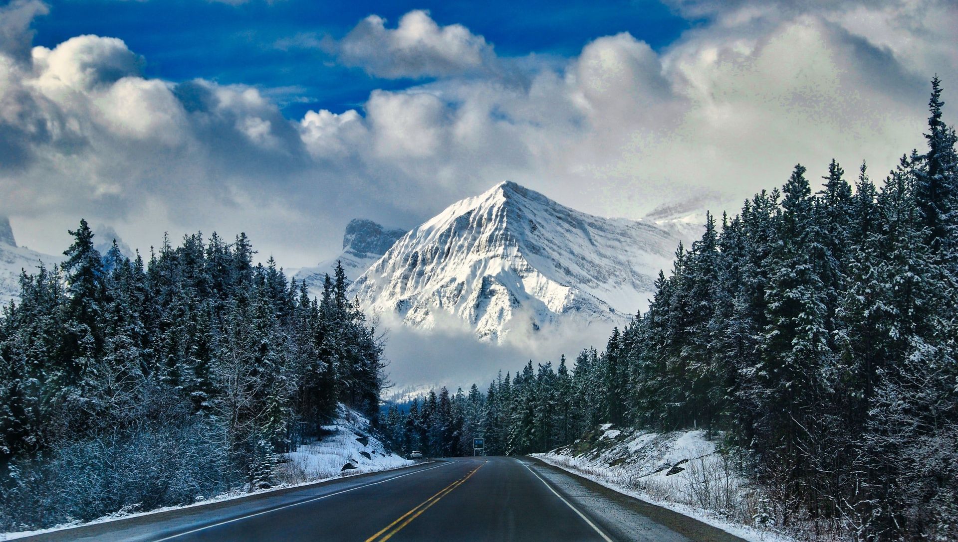 A road going through a snowy forest with mountains in the background