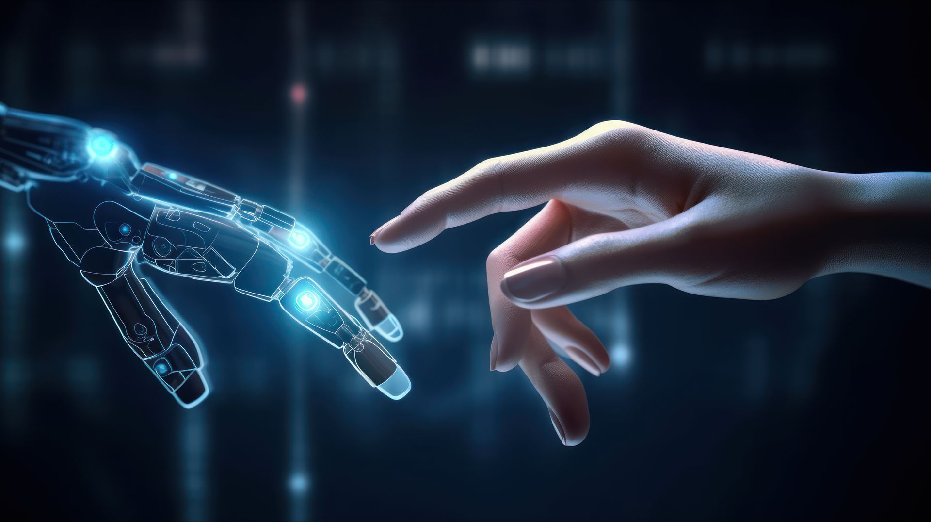 a robotic hand reaches out to touch a human hand