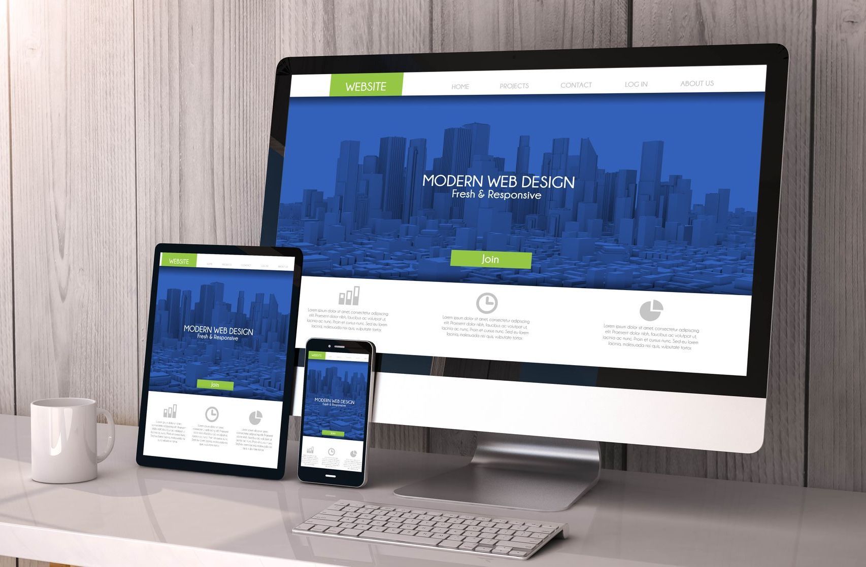 a computer monitor displays a modern web design from a responsive website