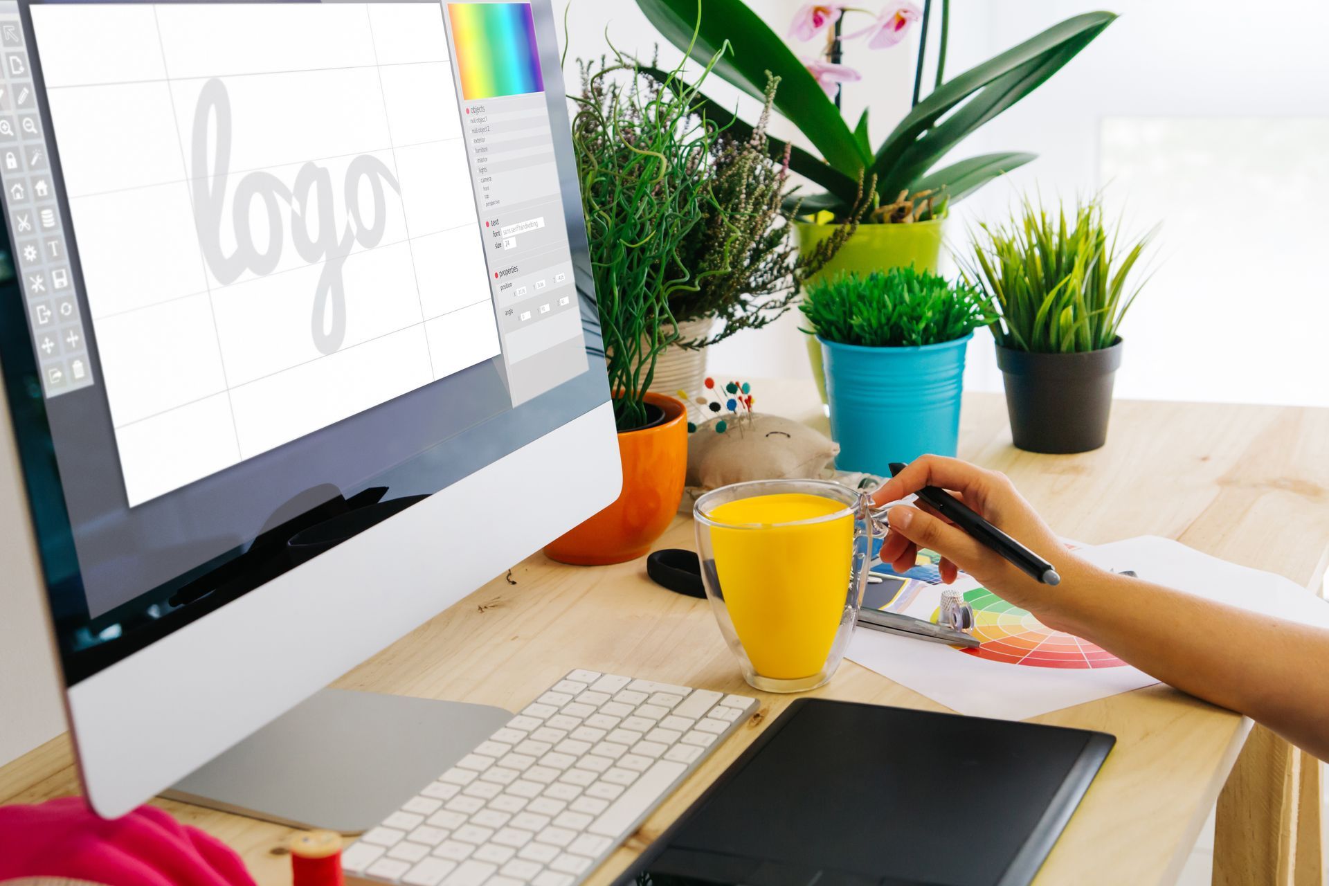 a person is drawing a logo on a computer screen