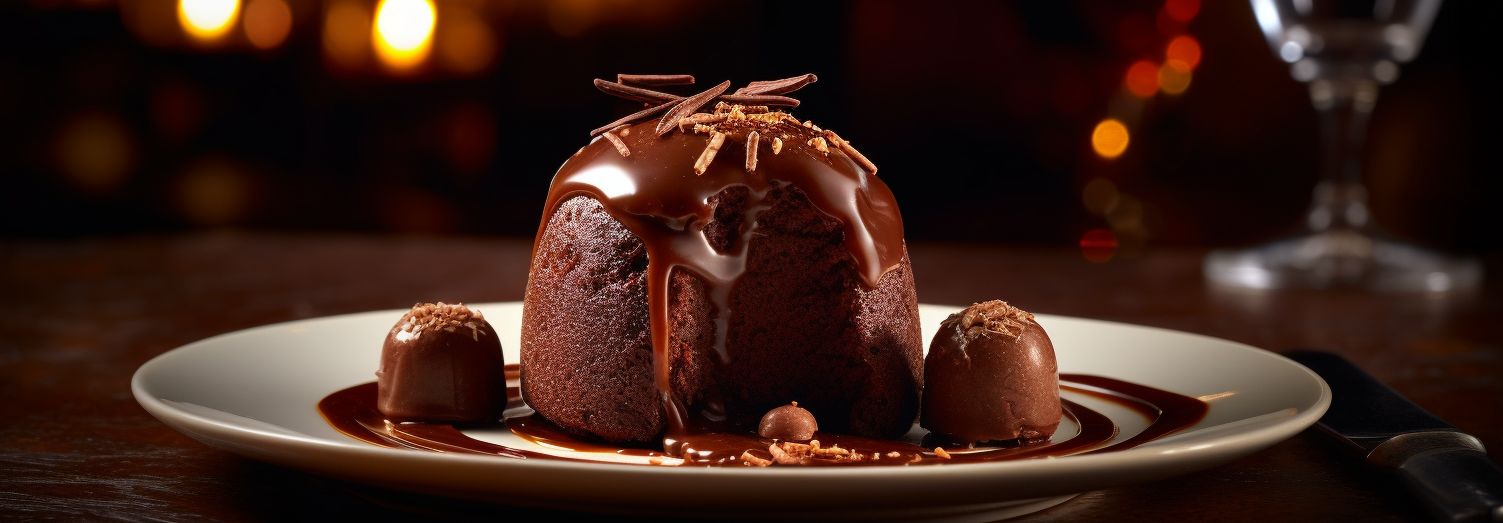AI Generated Product Image of a Delicious dark chocolate mousse dessert topped with chocolate ganache, crushed cookies, and chocolate shards