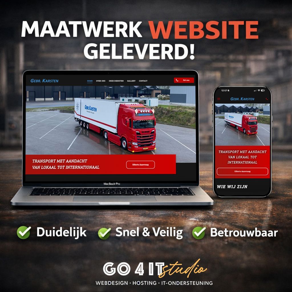 Maatwerk website geleverd voor Gebr. Karsten Transport.
Strak design, snelle prestaties en volledig gericht op gebruiksgemak en conversie.
Dit is hoe een moderne website werkt voor een sterk merk