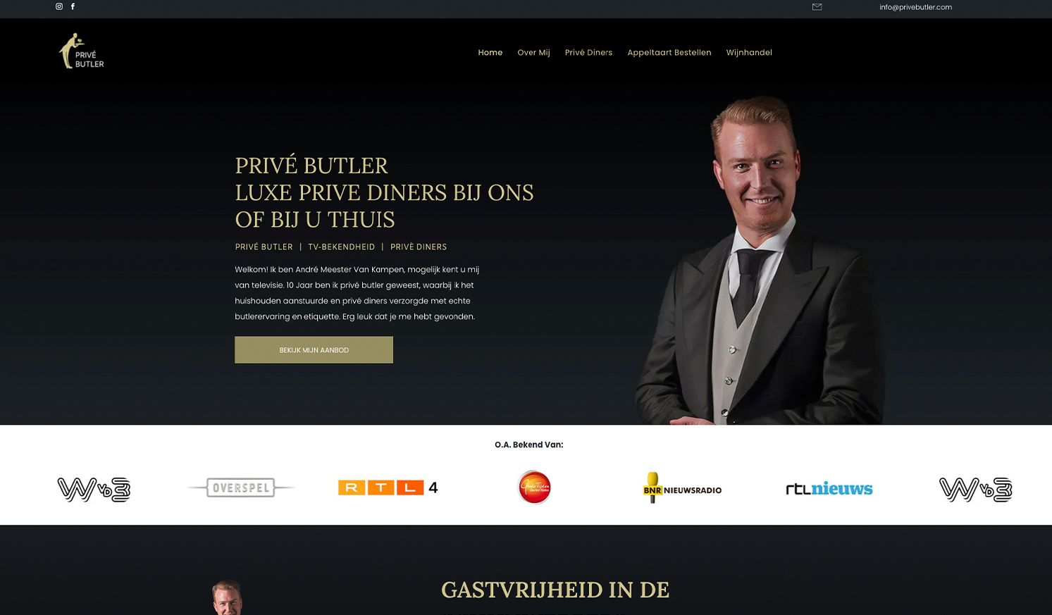 A man in a tuxedo is on the homepage of a website