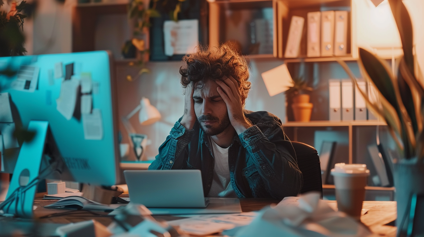 Illustratie van een ondernemer die gefrustreerd kijkt naar een slecht werkende website