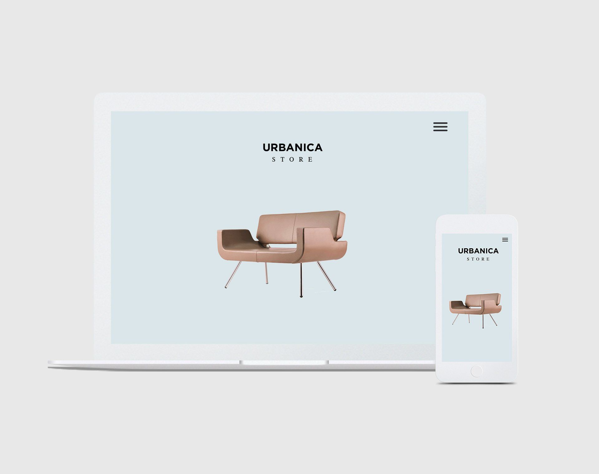 Een laptop en een mobiele telefoon tonen een website voor meubels.