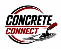 Logo for Concrete Connect featuring bold text with a trowel tool inside a circular graphic, colored in red, black, and white.