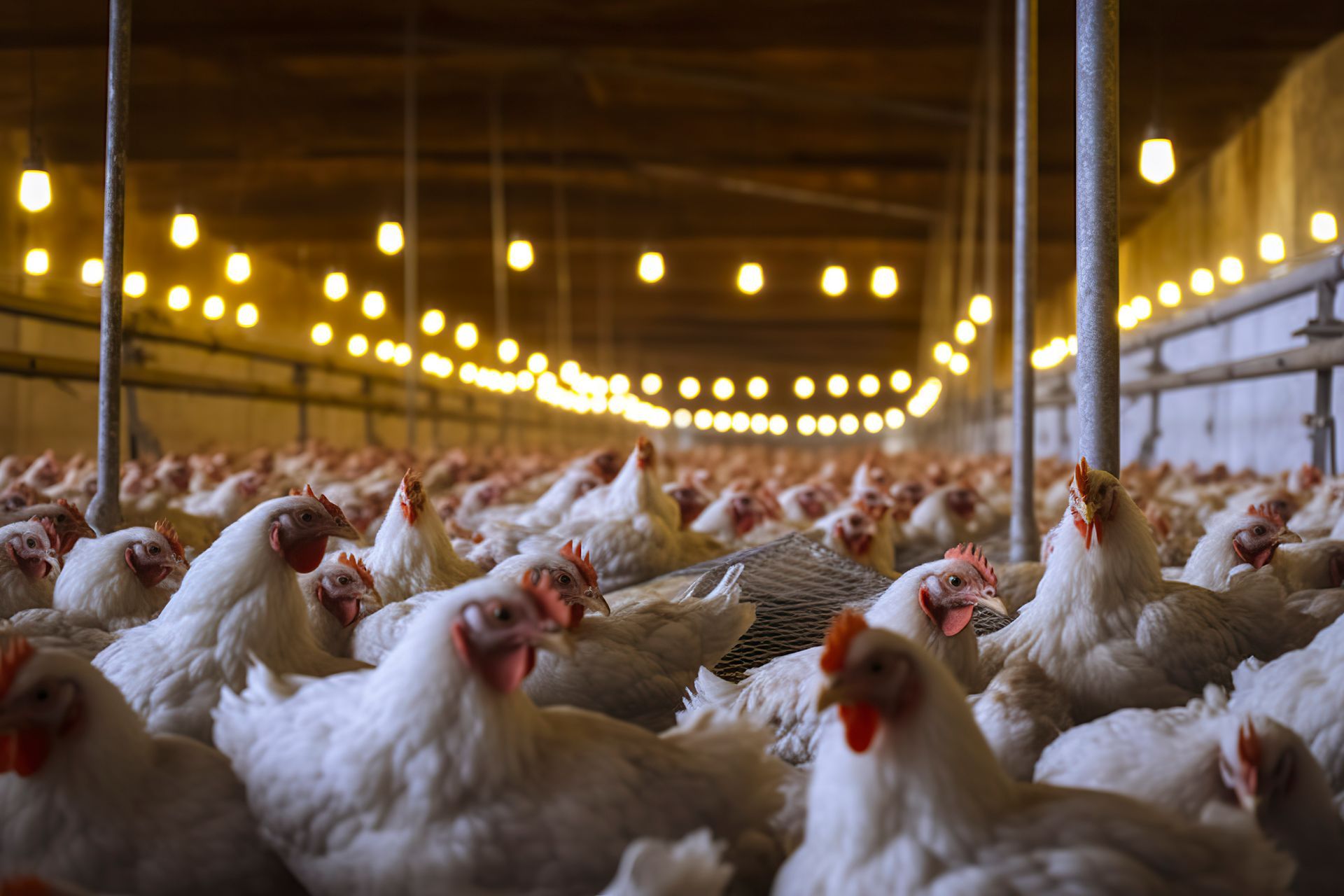 Chickens in a brightly lit poultry farm interior.