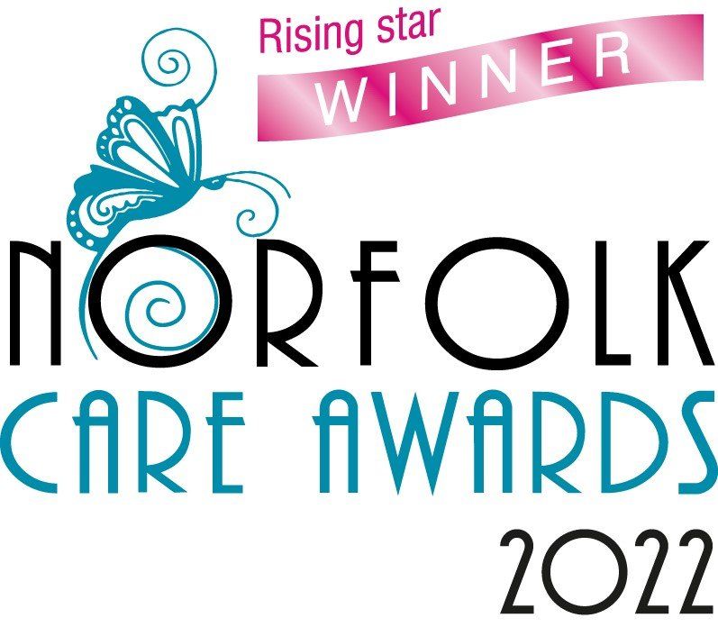 A logo for norfolk care awards 2022 with a butterfly on it