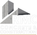 Logo for RMC Concrete & Construction featuring stylized gray concrete structures above the company name in white text.