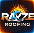 Logo for "Ravze Roofing" with a blue wave and sunburst graphic over the text against a dark, glowing background.