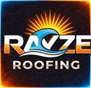 Logo for "Ravze Roofing" with a blue wave and sunburst graphic over the text against a dark, glowing background.