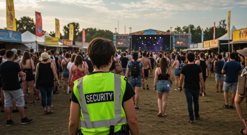 A security guard is standing in front of a crowd of people at a music festival.