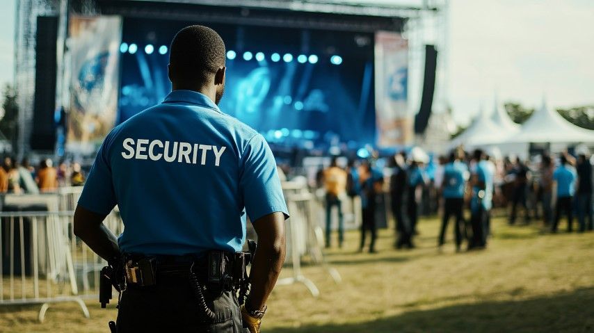 A security guard is standing in front of a crowd of people at a concert.