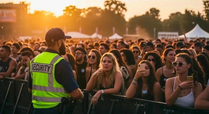 A security guard is standing in front of a crowd of people at a concert.