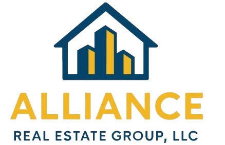 Logo for Alliance Real Estate Group: blue house outline with gold buildings inside, gold "ALLIANCE" text below.