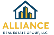 Logo for Alliance Real Estate Group: blue house outline with gold buildings inside, gold "ALLIANCE" text below.