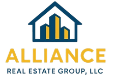 Logo for Alliance Real Estate Group: blue house outline with gold buildings inside, gold "ALLIANCE" text below.