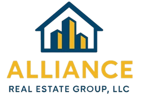 Logo for Alliance Real Estate Group: blue house outline with gold buildings inside, gold "ALLIANCE" text below.