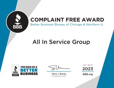 A certificate that says complaint free award all in service group