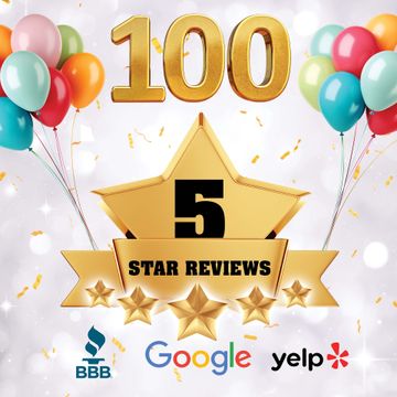 A sign that says 100 star reviews with balloons in the background