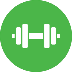 A green circle with a white icon of a dumbbell in it.