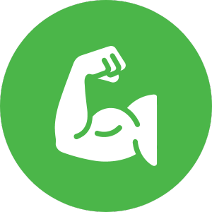 A white icon of a muscular arm in a green circle.