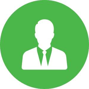 A white icon of a man in a suit and tie in a green circle.