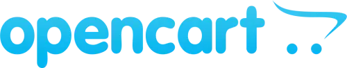 the word opencart is written in blue on a white background