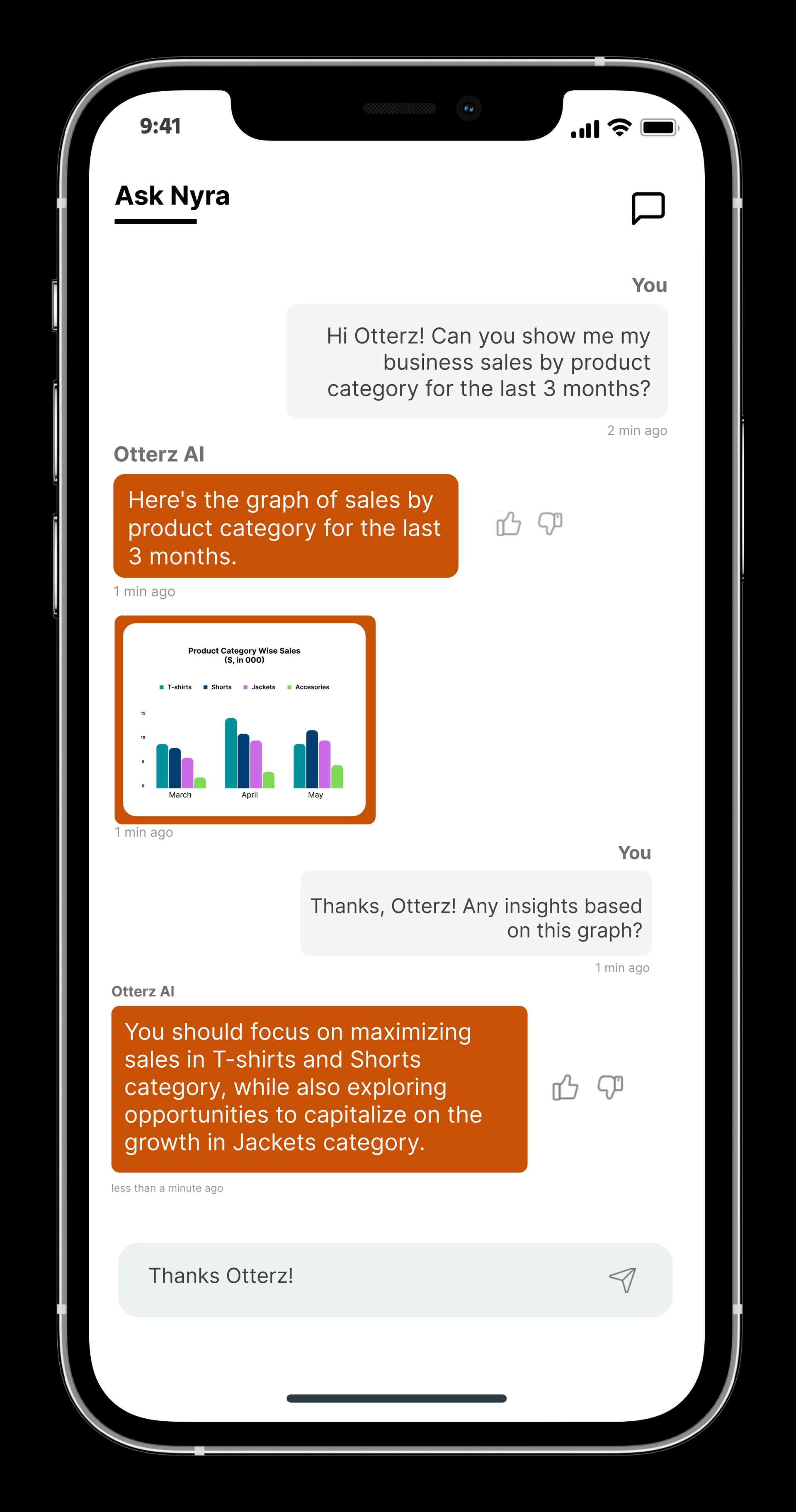 A cell phone with the Otterz Financial Management Platform powered by Nyra, open on the screen.