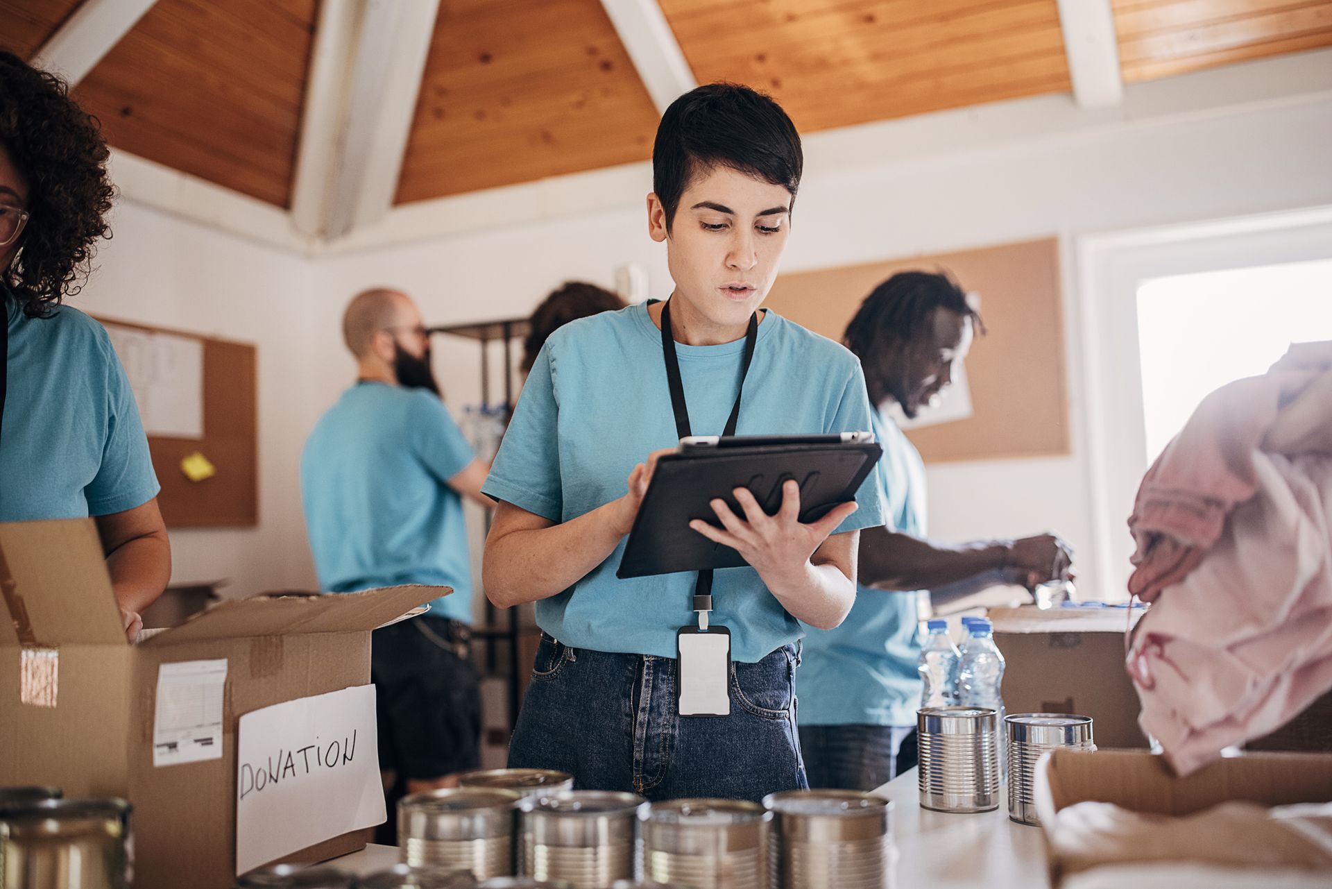 medical worker looking at a tablet