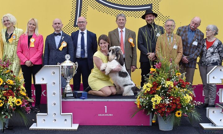 Podiumceremonie met mensen die op het podium poseren, bloemen, trofeeën en een grote achtergrond met het cijfer 