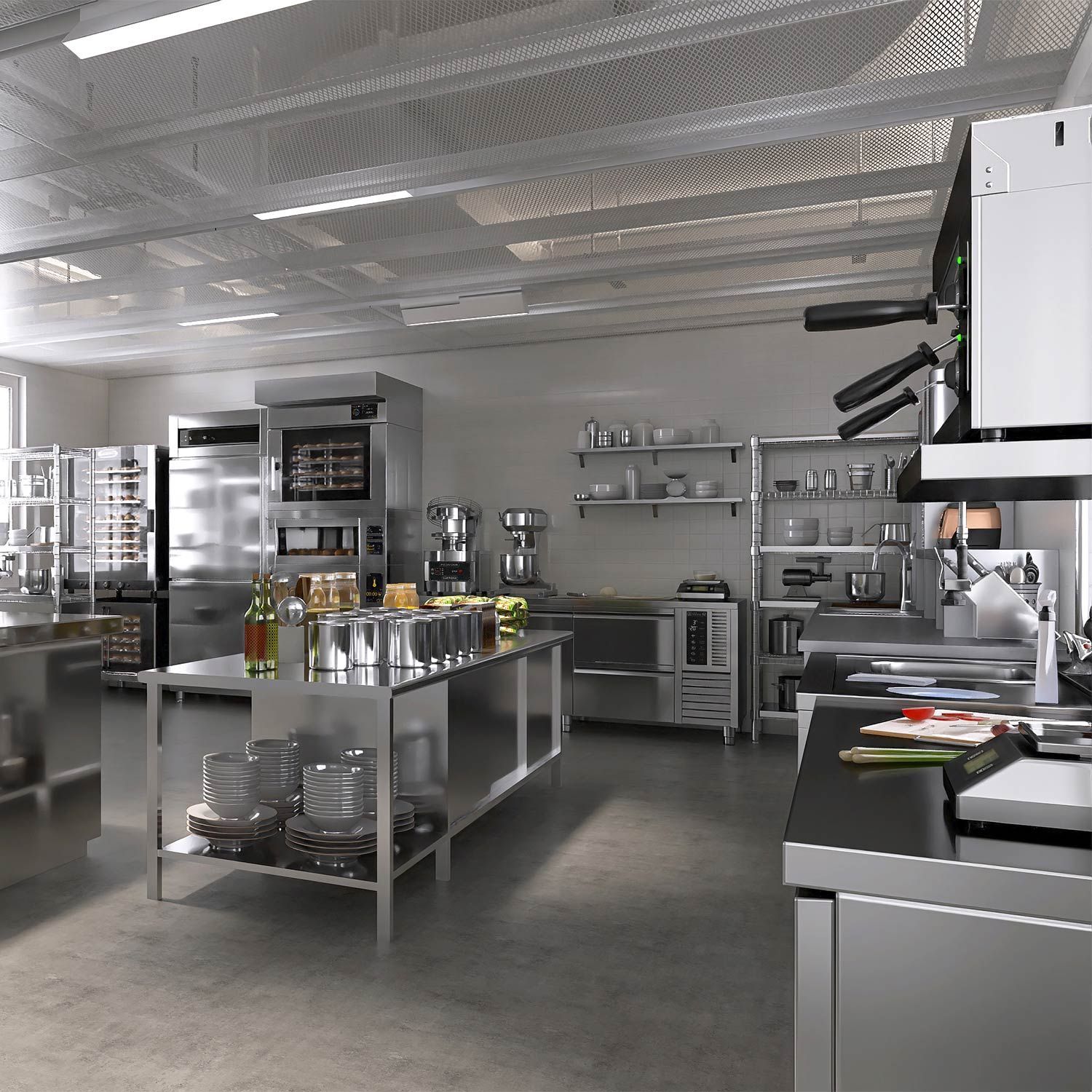 Clean Commercial Kitchen with Stainless Steel Equipment