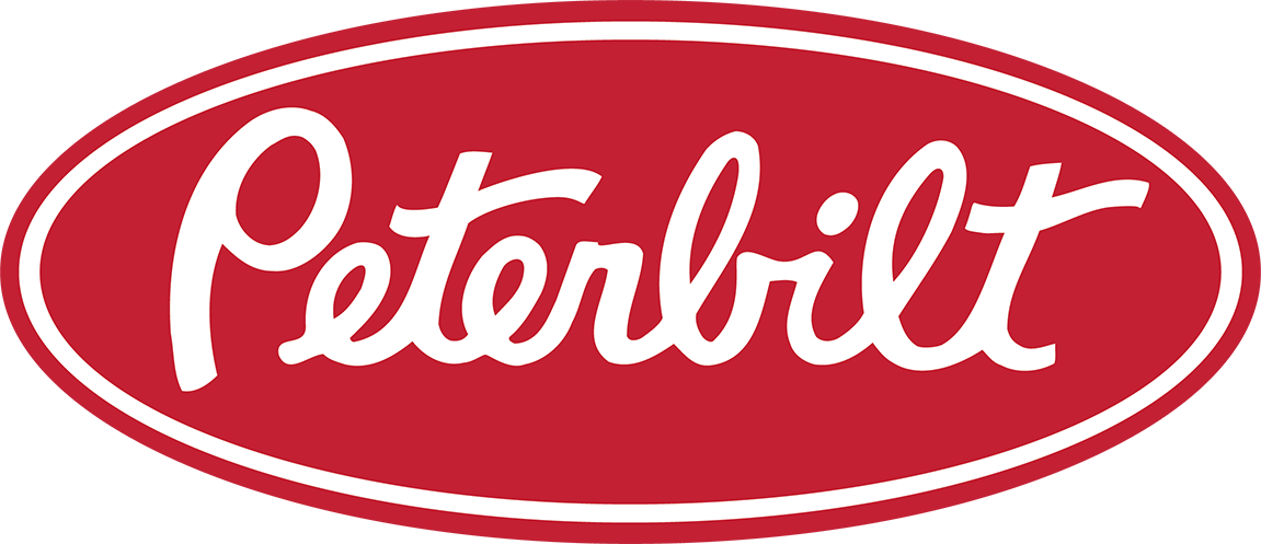 The peterbilt logo is a red oval with white writing on it.