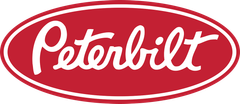 The peterbilt logo is a red oval with white writing on it.