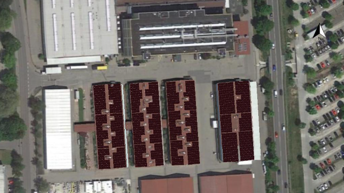 Photovoltaik-Planung einer Eigenverbrauchsanlage für eine der Produktionsstätten der multinationalen KaVo Dental GmbH in Warthausen, Baden-Württemberg, Deutschland.