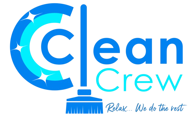 The Clean Crew logo is blue and white and says relax we do the rest