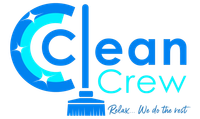 The Clean Crew logo is blue and white and says relax we do the rest