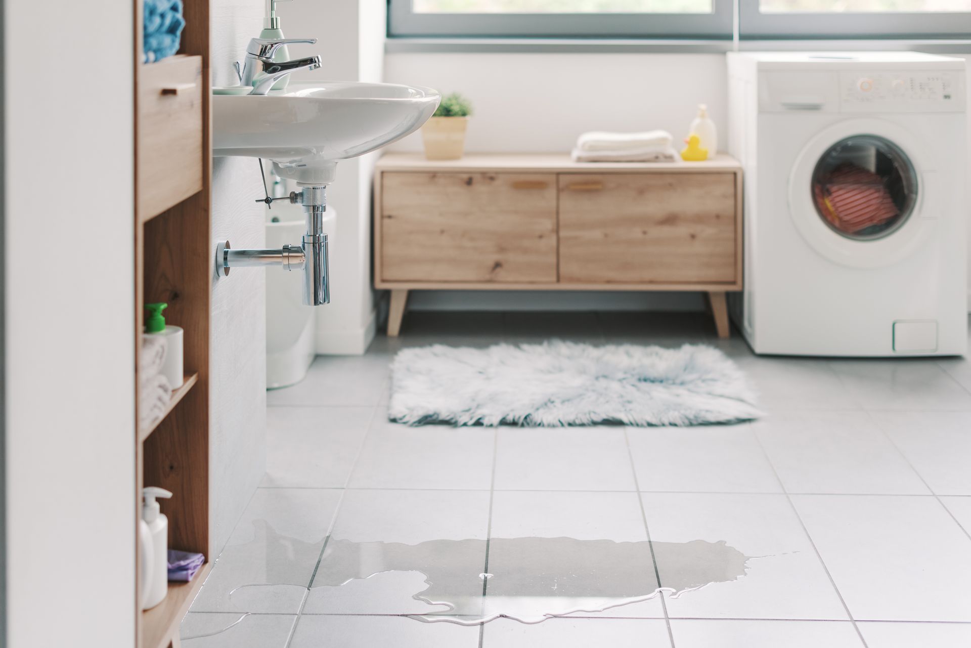 A bathroom with a sink , washer and dryer and a puddle on the floor.